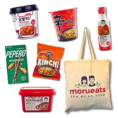 Experience the best tastes of Korea with our Korean Variety Bundle. This handpicked selection contains six popular Korean snacks, noodles and ingredients which are all popular parts of Korean food culture. This Korean food set is perfect if you already love Korean food or discovering it for the first time. It also comes with a high-quality canvas bag making it an ideal gift. This Korean food bundles includes: - Ajumma Republic Gochujang Red Pepper Paste 500g - Yopokki Instant Korean Sweet and Sp Korean Grocery Food, Korean Famous Food, Korean Supermarket Food, Korean Noodles Package, Korean Snacks Products, Food Bundle, Love Korean, Red Pepper Paste, Pepper Paste