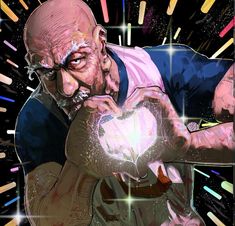 an old man holding a glowing heart in his hands with fireworks coming out of the background