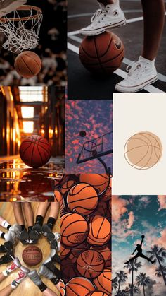 a collage of photos with basketballs and palm trees