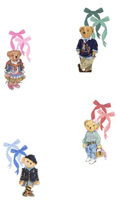 four teddy bears wearing different outfits and holding ribbons in their hands, all with bows on them