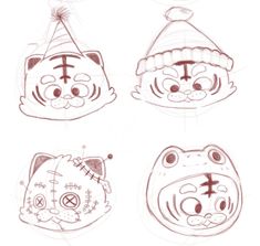 four drawings of cats with hats on their heads and one has a cat's head