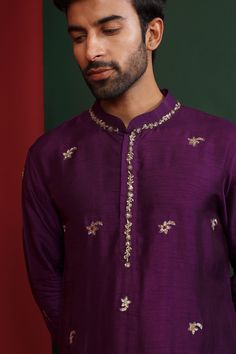 Buy Wine Raw Silk Embroidered Sequins Kabir Kurta And Dhoti Pant Set For Men by Mahima Mahajan Online at Aza Fashions. Kurta With Dhoti, Mahima Mahajan, Indian Wedding Clothes For Men, Kids Indian Wear, Boys Kurta Design, Boys Kurta