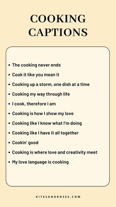 the words cooking captions are written in black and white on a beige background with an orange border