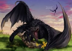 a black dragon with its mouth open and it's teeth wide open, sitting on a tree stump