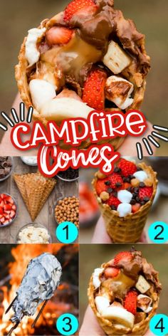 the campfire cones are filled with fruit and marshmallows