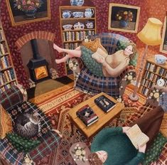 a painting of a woman laying on a couch in front of a fire place and bookshelf