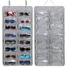 an open case holds two pairs of sunglasses and one pair of glasses with multiple compartments