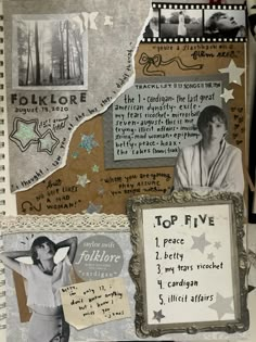 an altered collage with pictures and words on it's side, including the top five