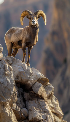 a ram standing on top of a rocky cliff