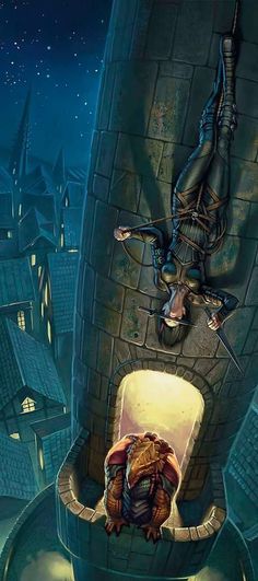 an image of a man hanging from the side of a tower