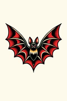 a bat with red and black wings flying through the air