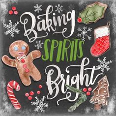 a chalkboard sign that says baking spirits bright with gingerbreads and christmas decorations