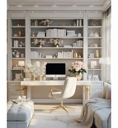 a home office with white furniture and flowers in vases on the desk, along with bookshelves