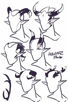 some sketches of different faces and hair styles for an animation character's head, from the