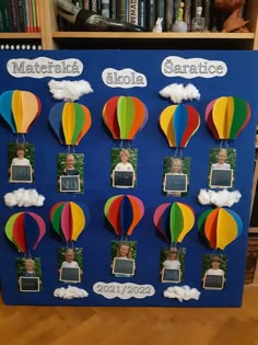 a bulletin board with hot air balloons and pictures on it that say, matriafia stolla