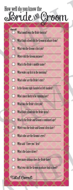 a pink and black printable bridal to groom checklist on a white background