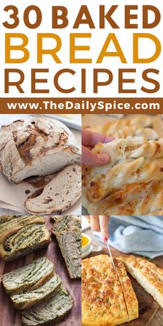 breads and other baked goods on a cutting board with text overlay that reads 30 baked bread recipes