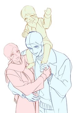 a drawing of a man holding a baby in his arms and an adult standing next to him