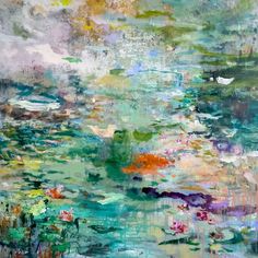 an abstract painting with lots of colors and shapes on it's surface, including water lilies