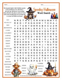 a halloween word search with pumpkins and witches