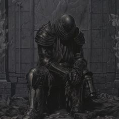 a black and white drawing of a man in armor sitting on a throne with his legs crossed