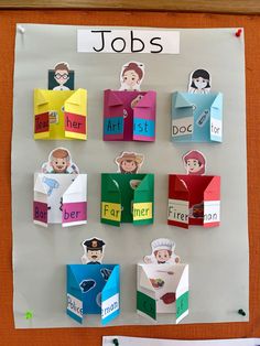 a bulletin board with different types of jobs on it and cut outs attached to the wall