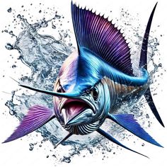 a purple and blue marlin fish with its mouth open in the water on a white background