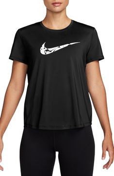 A signature swoosh logo brands this sporty graphic T-shirt crafted from fabric with Dri-FIT technology. Crewneck Short sleeves 89% polyester, 11% spandex Machine wash, tumble dry Imported Model stats: 5'10", 32" bust, 25" waist, 36" hip. Model is wearing size Small. Dri-fit Graphic Print T-shirt For Sportswear, Nike Dri-fit T-shirt For Running, Black Graphic Print Running Top, Black Graphic Print Top For Running, Nike Black Go-dry T-shirt, Sporty Running T-shirt With Logo Print, Functional Sports Tops With Logo Print, Nike Crew Neck T-shirt For Running, Nike Functional T-shirt With Graphic Print