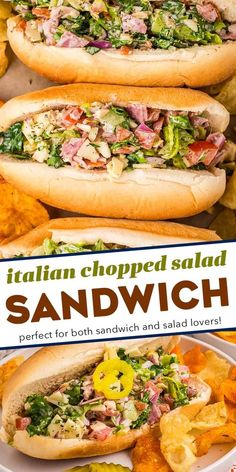 two sandwiches on buns with salad and potato chips in the foreground text reads italian chopped salad sandwich perfect for both sandwich and salad lovers