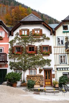 an old house with many windows and balconies on the outside, surrounded by trees