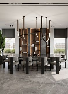 an elegant dining room with marble flooring and modern lighting fixtures on the wall above it