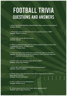 the football trivia questions and answers book is shown in green with white lettering on it