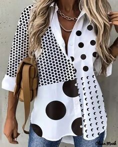 Color: white, Size: L Mode Prints, Polka Dots Fashion, Loose Fit Shirts, Vintage T Shirts, Tunic Pattern, Womens Long Sleeve Shirts, Sleeves Pattern, Music Notes, Collar Shirts