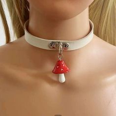 New Mushrooms Choker Necklace Red And White Mushrooms, Leather Mushroom, Red And White Mushroom, Aries Necklace, Velvet Choker Necklaces, Ribbon Choker, Heart Choker Necklace, White Mushrooms, Halloween Necklace