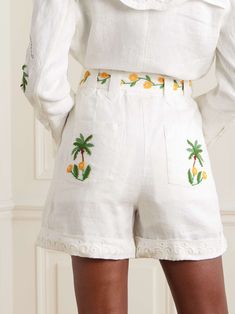 Summer Linen Bottoms With Floral Embroidery, Floral Embroidery Shorts For Summer Vacation, Casual Linen Bottoms With Floral Embroidery, White Floral Embroidery Shorts For Vacation, Summer Floral Embroidered Shorts For Vacation, Summer Beach Shorts With Floral Embroidery, Summer Vacation Shorts With Floral Embroidery, White Floral Embroidered Shorts, Embroidered Shorts For Spring Vacation