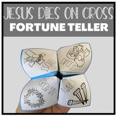 a hand holding four dices that have drawings on them and the words jesus dies on cross