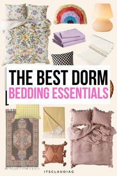 four different types of bedding and pillows with the words 4 dorm bedding ideas to copy