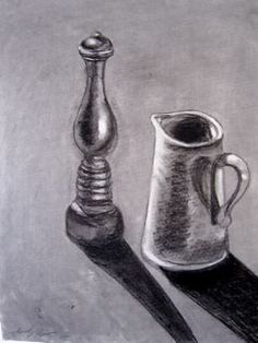 a pencil drawing of a silver jug and a knife