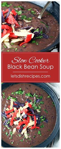 two pictures of black bean soup with red peppers and green onions