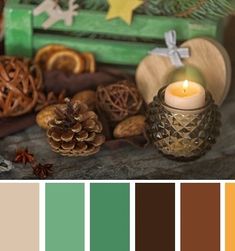 the color palette is green, brown, and white with an assortment of pine cones