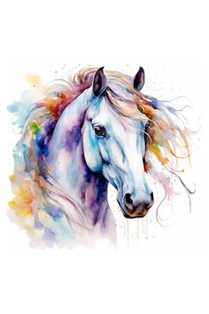 a painting of a white horse with long manes and colorful paint splatters