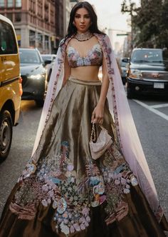 Our 'Divergence' copper and gold tissue appliquéd and embellished lehenga with blouse and tulle dupatta. Aisha Rao, Mohit Kumar, Embellished Lehenga, Lehenga With Blouse, Copper Fabric, Gold Lehenga, Cutwork Blouse, Floral Lehenga, Desi Aesthetic