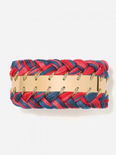 18K gold-plated center band double bracelet with navajo colored thread. - Color: Navajo (red, pink, and blue) - Width: 3.5 cm - Made in France Red Braided Bohemian Jewelry, Red Woven Jewelry For Festival, Gold Woven Bracelet, Double Bracelet, Rope Bracelet, Made In France, 18k Gold, Thread, Plating