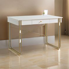 Bery 47 Inch Home Office Desk, 1 Drawer with Knob, USB Port, White, Gold By Casagear Home Marble Office Desk, Marble Office, Gold Drawer Knobs, Modern Home Office Desk, Small Office Desk, Composite Board, Home Office Furniture Desk, Apartment Organization, Chair Storage