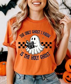 The Only Ghost I Know is the Holy Ghost T-Shirt, Funny Ghost Halloween Shirt, Comfort Colors Religious Halloween Shirt,  Funny Christian Tee **Discover Comfort and Durability For our printing, we've handpicked top-quality shirts from Bella Canvas and Gildan SoftStyle brands, renowned for their excellence in the industry. *Bella Canvas* - Available in unisex sizes - Weighing 4.2 oz. - Solid colors feature a luxurious blend of 100% Combed Cotton and Ring-Spun Cotton. - Athletic Heather boasts 90% Combed and Ring-Spun Cotton, and 10% Polyester. - All Heather CVC Colors are crafted with 52% Combed and Ring-Spun Cotton, and 48% Polyester. *Gildan SoftStyle* - Also available in unisex sizes - Sport Gray: 4.5 oz/yd² | 90% Ring Cotton / 10% Polyester - Heather Navy, Heather Maroon, Heather Galapag Christian Halloween Shirt Ideas, Christian Halloween, Funny Ghost, Christian Humor, Christian Tees, Holy Ghost, Ghost Halloween, T Shirt Funny, Halloween Ghosts