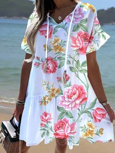 Women's 2024 Floral Dress Summer Holiday Flower Print V-Neck Short Sleeve Boho Beach Dress White Printed Floral Dress For Vacation, Casual Multicolor Floral Beach Dress, Casual Multicolor Floral Dress For Vacation, Casual White V-neck Beach Dress, Casual Floral Print Dress For Beach Season, Tropical V-neck Beach Dress For Spring, White Floral Printed V-neck Dress, Short Sleeve Floral Print Beach Dress, Casual Floral Print Beach Dress For Vacation