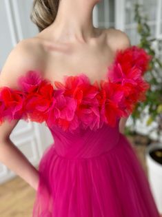 Cerise Fleur Midi Dress | Teuta Matoshi Teuta Matoshi Gown, Hot Pink Midi Dress, Teuta Matoshi, Frock Designs, Tulle Midi Dress, Draped Bodice, Cute Prom Dresses, Sparkle Dress, Tulle Prom Dress