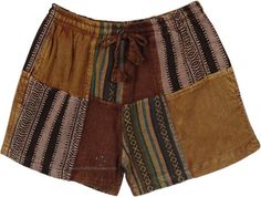 The Earth Dance Patchwork Shorts | Shorts | Brown | Bohemian, Handmade, Patchwork Hippie Shorts, Patchwork Shorts, Solid And Striped, Brown Shorts, Hippie Look, Trendy Skirts, Tunic Shirt, Hippie Outfits, Striped Fabrics