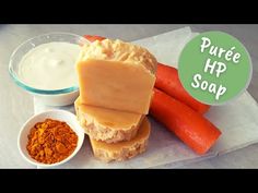 carrots, dip, and other food items are on a table with the words pure hp soap above it