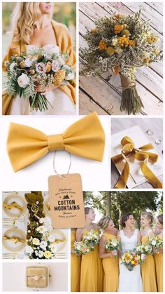 a collage of yellow and white wedding colors with flowers, ribbons, and bows